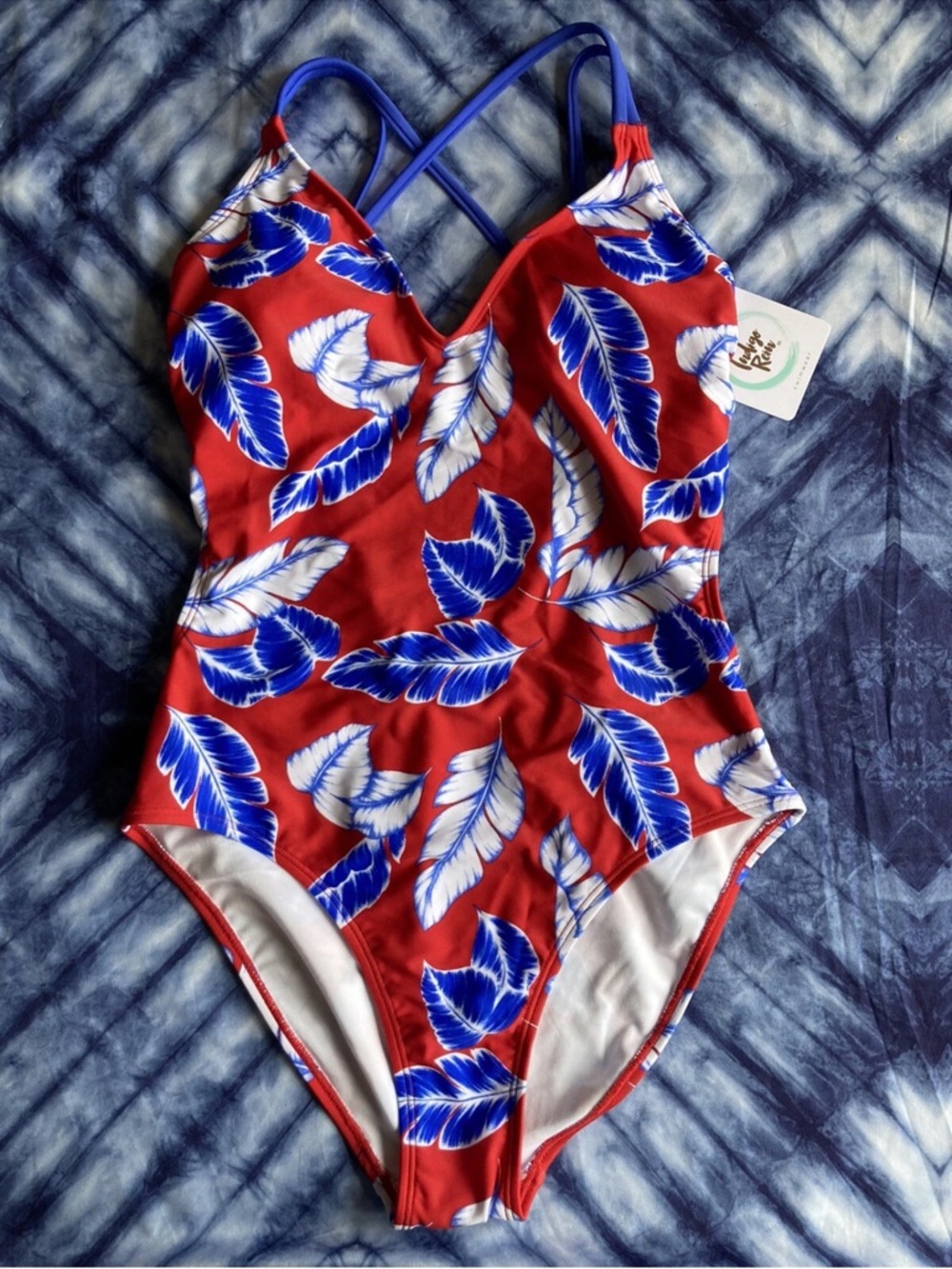Indigo Rein Red One-Piece Swimsuit with Blue and White Leaf Print